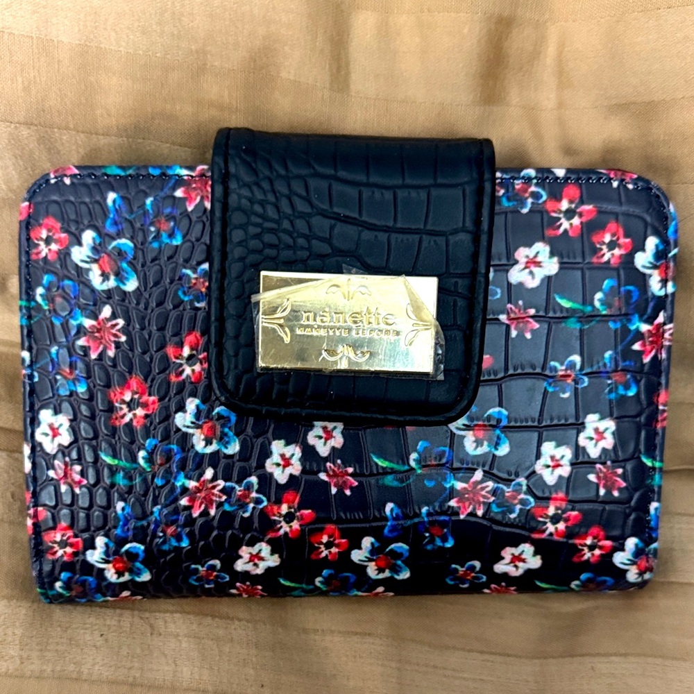 Nanette Lepore Black and Blue Floral Wallet